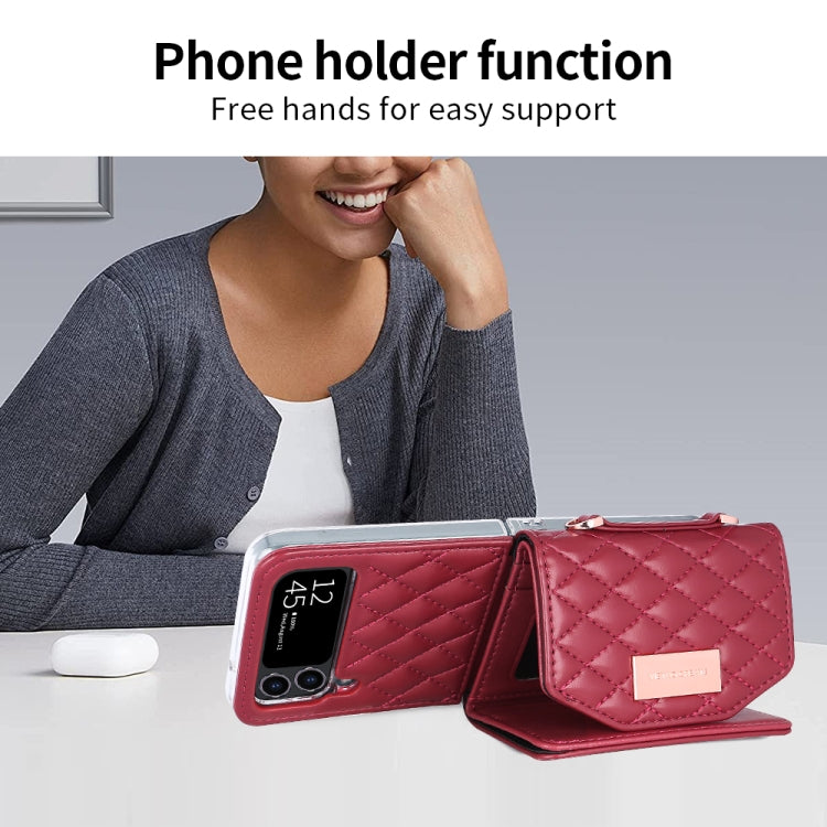 For Samsung Galaxy Z Flip3 5G VIETAO Rhombic Texture Wallet PU Phone Case with Long Lanyard(Red) - Galaxy Phone Cases by VIETAO | Online Shopping UK | buy2fix