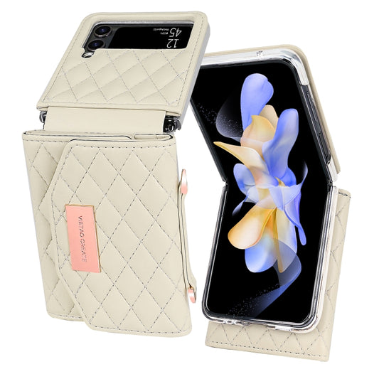 For Samsung Galaxy Z Flip3 5G VIETAO Rhombic Texture Wallet PU Phone Case with Long Lanyard(Beige) - Galaxy Phone Cases by VIETAO | Online Shopping UK | buy2fix