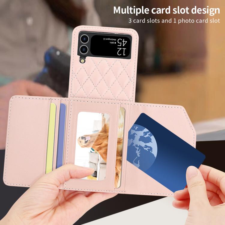 For Samsung Galaxy Z Flip3 5G VIETAO Rhombic Texture Wallet PU Phone Case with Long Lanyard(Pink) - Galaxy Phone Cases by VIETAO | Online Shopping UK | buy2fix