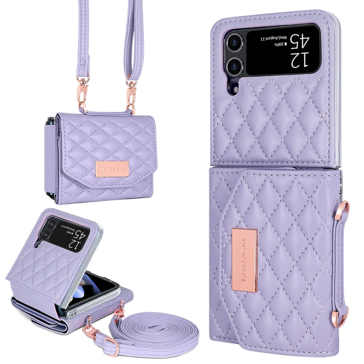 For Samsung Galaxy Z Flip3 5G VIETAO Rhombic Texture Wallet PU Phone Case with Long Lanyard(Purple) - Galaxy Phone Cases by VIETAO | Online Shopping UK | buy2fix