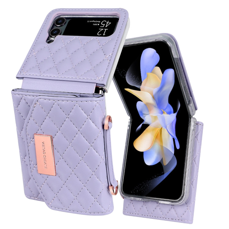 For Samsung Galaxy Z Flip3 5G VIETAO Rhombic Texture Wallet PU Phone Case with Long Lanyard(Purple) - Galaxy Phone Cases by VIETAO | Online Shopping UK | buy2fix