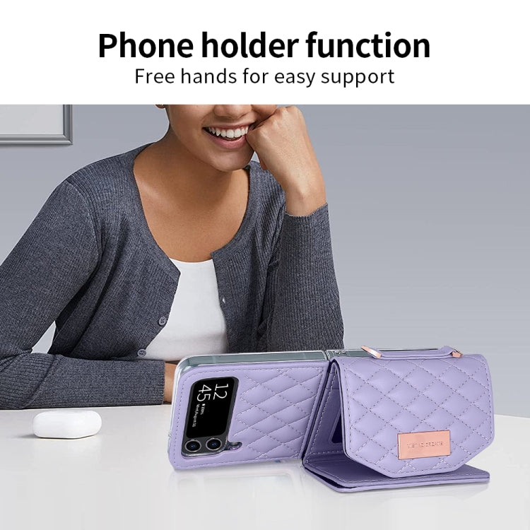 For Samsung Galaxy Z Flip3 5G VIETAO Rhombic Texture Wallet PU Phone Case with Long Lanyard(Purple) - Galaxy Phone Cases by VIETAO | Online Shopping UK | buy2fix