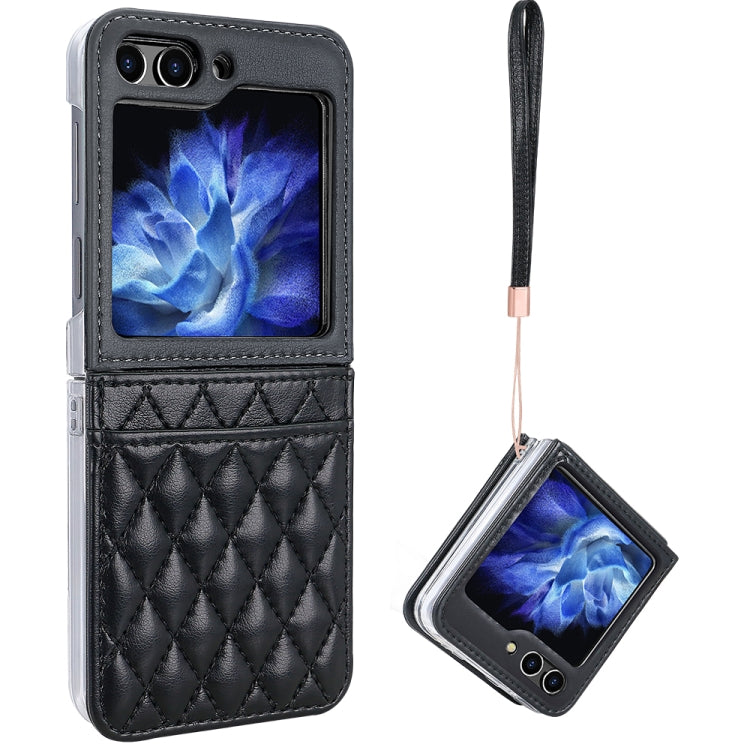 For Samsung Galaxy Z Flip6 / Flip7 FE VIETAO Rhombic Texture PU Card Slot Phone Case with Lanyard(Black) - Galaxy Z Flip6 5G Cases by VIETAO | Online Shopping UK | buy2fix