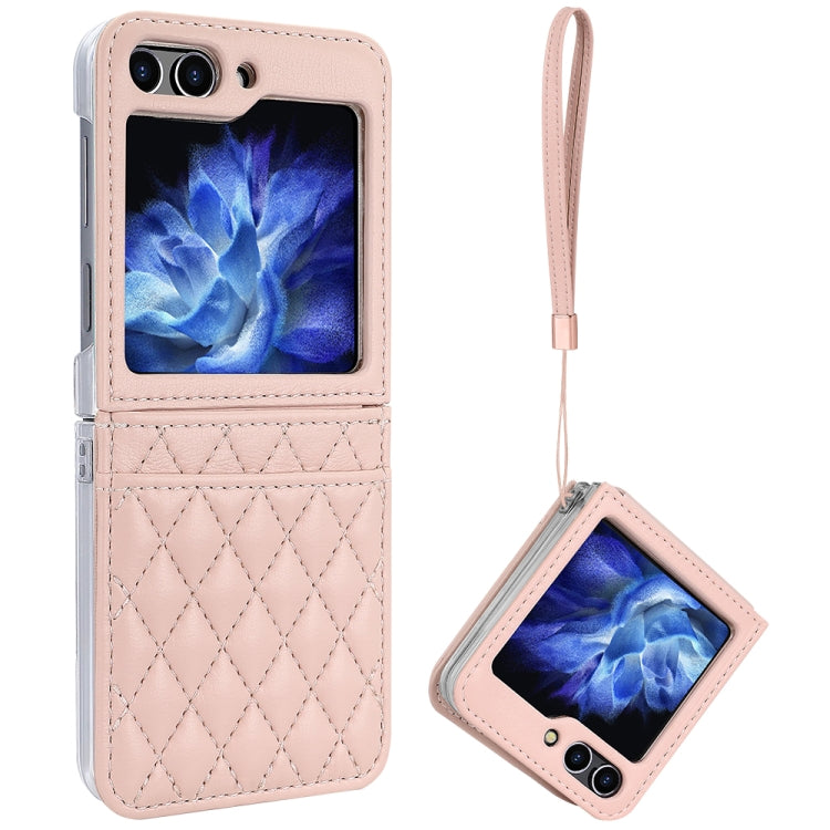 For Samsung Galaxy Z Flip5 VIETAO Rhombic Texture PU Card Slot Phone Case with Lanyard(Pink) - Galaxy Z Flip5 Cases by VIETAO | Online Shopping UK | buy2fix