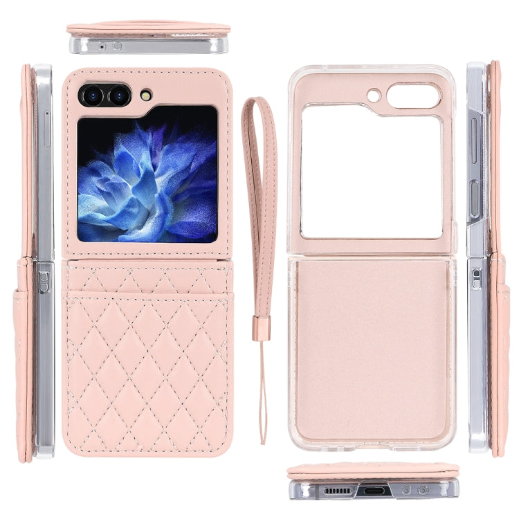For Samsung Galaxy Z Flip5 VIETAO Rhombic Texture PU Card Slot Phone Case with Lanyard(Pink) - Galaxy Z Flip5 Cases by VIETAO | Online Shopping UK | buy2fix