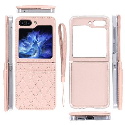 For Samsung Galaxy Z Flip5 VIETAO Rhombic Texture PU Card Slot Phone Case with Lanyard(Pink) - Galaxy Z Flip5 Cases by VIETAO | Online Shopping UK | buy2fix