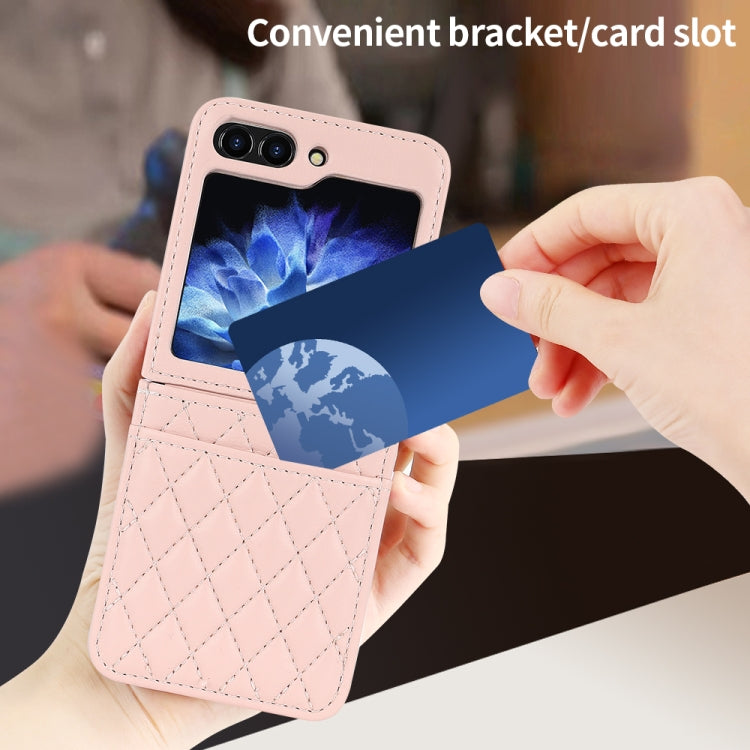 For Samsung Galaxy Z Flip5 VIETAO Rhombic Texture PU Card Slot Phone Case with Lanyard(Pink) - Galaxy Z Flip5 Cases by VIETAO | Online Shopping UK | buy2fix