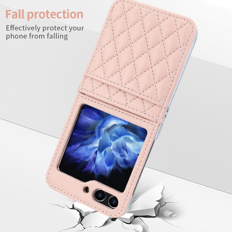 For Samsung Galaxy Z Flip5 VIETAO Rhombic Texture PU Card Slot Phone Case with Lanyard(Pink) - Galaxy Z Flip5 Cases by VIETAO | Online Shopping UK | buy2fix
