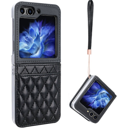 For Samsung Galaxy Z Flip5 VIETAO Rhombic Texture PU Card Slot Phone Case with Lanyard(Black) - Galaxy Z Flip5 Cases by VIETAO | Online Shopping UK | buy2fix