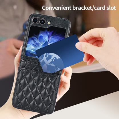 For Samsung Galaxy Z Flip5 VIETAO Rhombic Texture PU Card Slot Phone Case with Lanyard(Black) - Galaxy Z Flip5 Cases by VIETAO | Online Shopping UK | buy2fix