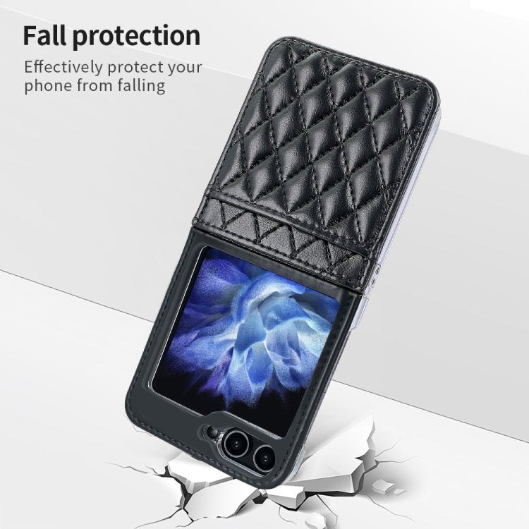 For Samsung Galaxy Z Flip5 VIETAO Rhombic Texture PU Card Slot Phone Case with Lanyard(Black) - Galaxy Z Flip5 Cases by VIETAO | Online Shopping UK | buy2fix