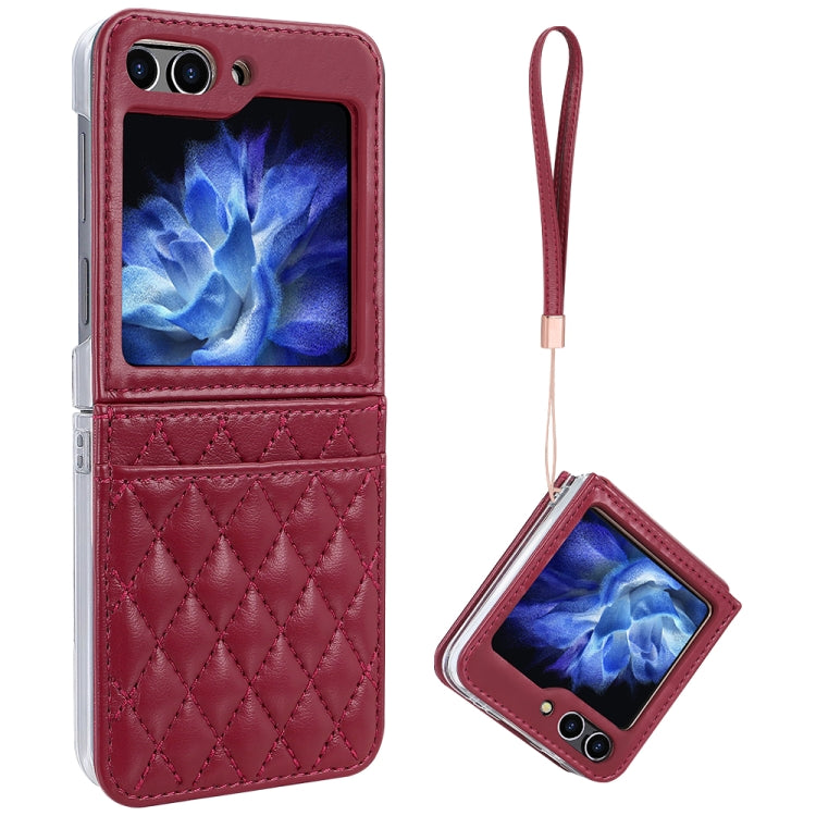 For Samsung Galaxy Z Flip5 VIETAO Rhombic Texture PU Card Slot Phone Case with Lanyard(Red) - Galaxy Z Flip5 Cases by VIETAO | Online Shopping UK | buy2fix