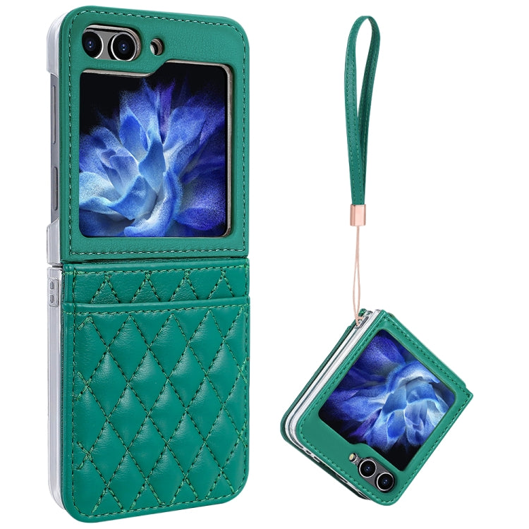 For Samsung Galaxy Z Flip5 VIETAO Rhombic Texture PU Card Slot Phone Case with Lanyard(Green) - Galaxy Z Flip5 Cases by VIETAO | Online Shopping UK | buy2fix