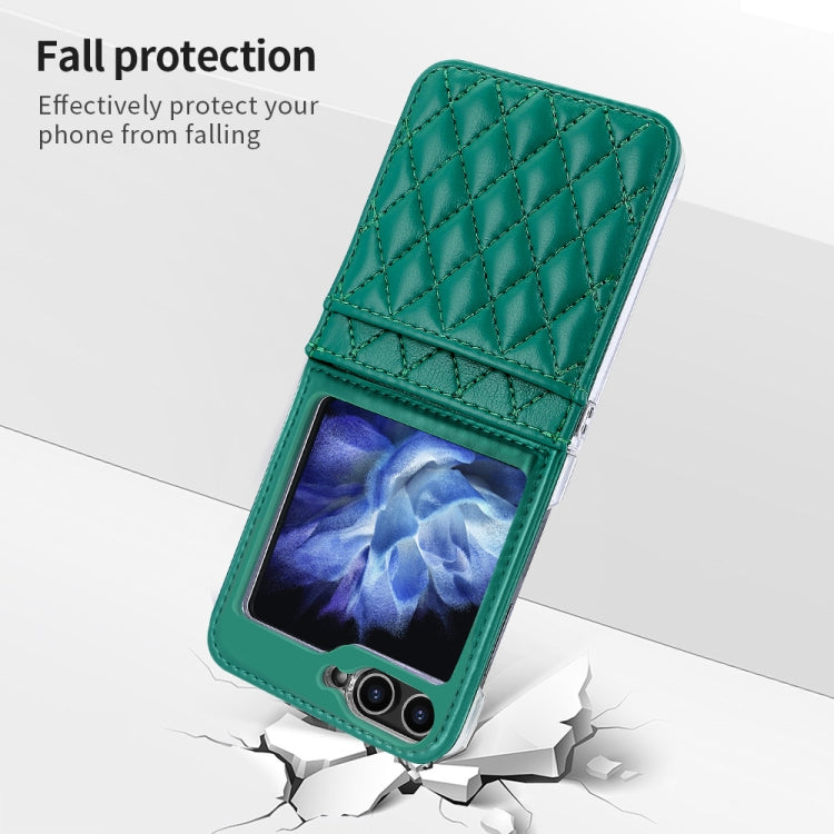 For Samsung Galaxy Z Flip5 VIETAO Rhombic Texture PU Card Slot Phone Case with Lanyard(Green) - Galaxy Z Flip5 Cases by VIETAO | Online Shopping UK | buy2fix