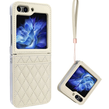 For Samsung Galaxy Z Flip5 VIETAO Rhombic Texture PU Card Slot Phone Case with Lanyard(Beige) - Galaxy Z Flip5 Cases by VIETAO | Online Shopping UK | buy2fix