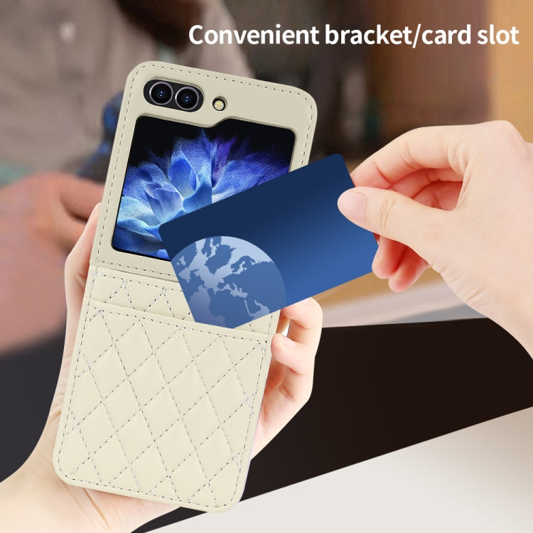 For Samsung Galaxy Z Flip5 VIETAO Rhombic Texture PU Card Slot Phone Case with Lanyard(Beige) - Galaxy Z Flip5 Cases by VIETAO | Online Shopping UK | buy2fix