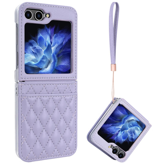 For Samsung Galaxy Z Flip5 VIETAO Rhombic Texture PU Card Slot Phone Case with Lanyard(Purple) - Galaxy Z Flip5 Cases by VIETAO | Online Shopping UK | buy2fix