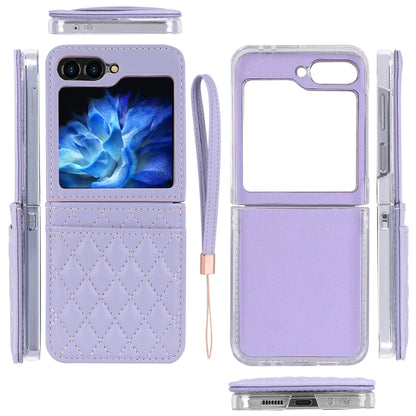 For Samsung Galaxy Z Flip5 VIETAO Rhombic Texture PU Card Slot Phone Case with Lanyard(Purple) - Galaxy Z Flip5 Cases by VIETAO | Online Shopping UK | buy2fix