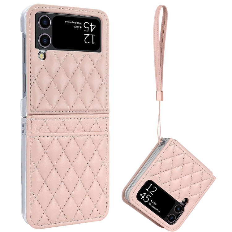 For Samsung Galaxy Z Flip4 VIETAO Rhombic Texture PU Card Slot Phone Case with Lanyard(Pink) - Galaxy Z Flip4 5G Cases by VIETAO | Online Shopping UK | buy2fix