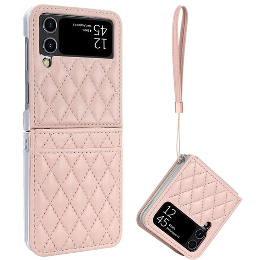 For Samsung Galaxy Z Flip4 VIETAO Rhombic Texture PU Card Slot Phone Case with Lanyard(Pink) - Galaxy Z Flip4 5G Cases by VIETAO | Online Shopping UK | buy2fix