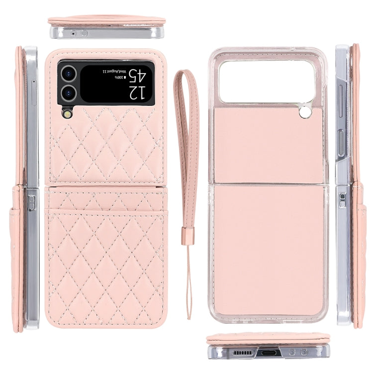 For Samsung Galaxy Z Flip4 VIETAO Rhombic Texture PU Card Slot Phone Case with Lanyard(Pink) - Galaxy Z Flip4 5G Cases by VIETAO | Online Shopping UK | buy2fix