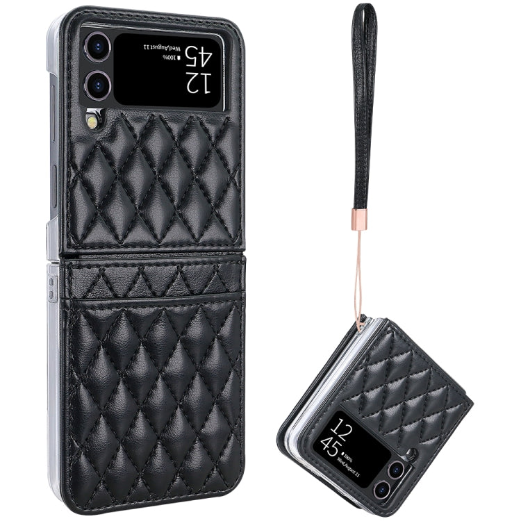For Samsung Galaxy Z Flip4 VIETAO Rhombic Texture PU Card Slot Phone Case with Lanyard(Black) - Galaxy Z Flip4 5G Cases by VIETAO | Online Shopping UK | buy2fix