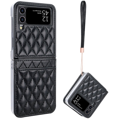 For Samsung Galaxy Z Flip4 VIETAO Rhombic Texture PU Card Slot Phone Case with Lanyard(Black) - Galaxy Z Flip4 5G Cases by VIETAO | Online Shopping UK | buy2fix