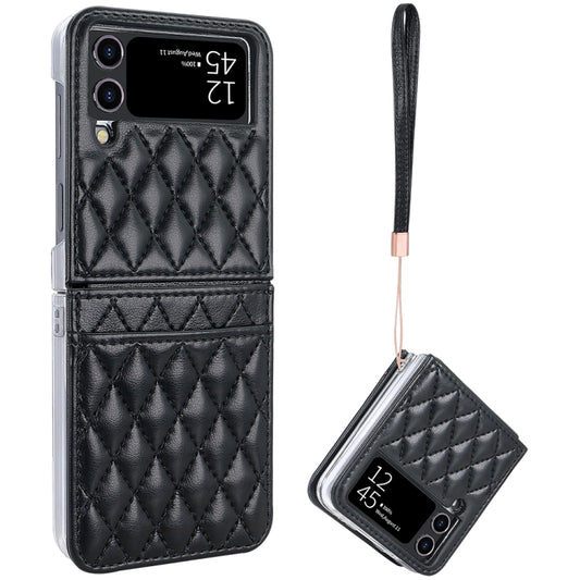 For Samsung Galaxy Z Flip4 VIETAO Rhombic Texture PU Card Slot Phone Case with Lanyard(Black) - Galaxy Z Flip4 5G Cases by VIETAO | Online Shopping UK | buy2fix