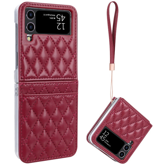 For Samsung Galaxy Z Flip4 VIETAO Rhombic Texture PU Card Slot Phone Case with Lanyard(Red) - Galaxy Z Flip4 5G Cases by VIETAO | Online Shopping UK | buy2fix