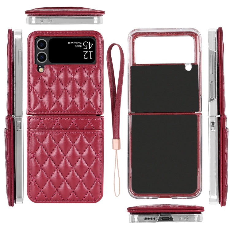 For Samsung Galaxy Z Flip4 VIETAO Rhombic Texture PU Card Slot Phone Case with Lanyard(Red) - Galaxy Z Flip4 5G Cases by VIETAO | Online Shopping UK | buy2fix