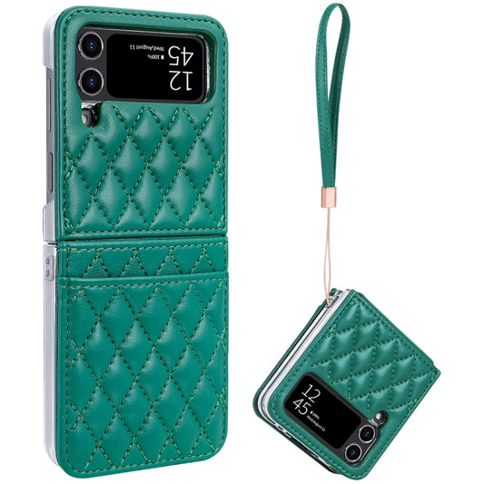 For Samsung Galaxy Z Flip4 VIETAO Rhombic Texture PU Card Slot Phone Case with Lanyard(Green) - Galaxy Z Flip4 5G Cases by VIETAO | Online Shopping UK | buy2fix