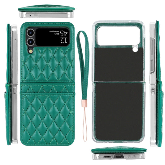 For Samsung Galaxy Z Flip4 VIETAO Rhombic Texture PU Card Slot Phone Case with Lanyard(Green) - Galaxy Z Flip4 5G Cases by VIETAO | Online Shopping UK | buy2fix