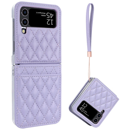 For Samsung Galaxy Z Flip4 VIETAO Rhombic Texture PU Card Slot Phone Case with Lanyard(Purple) - Galaxy Z Flip4 5G Cases by VIETAO | Online Shopping UK | buy2fix