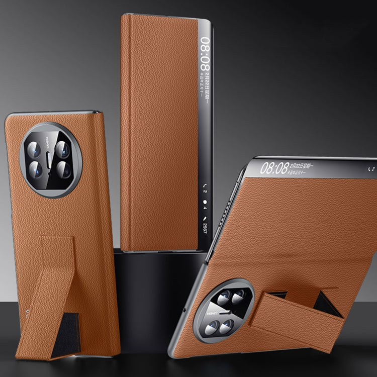 For Huawei Mate X5 / X3 SULADA Smart Series Wristband Holder Smart View Window Genuine Leather Phone Case(Brown) - Huawei Cases by SULADA | Online Shopping UK | buy2fix
