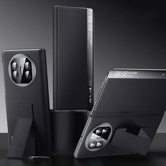 For Huawei Mate X5 / X3 SULADA Smart Series Wristband Holder Smart View Window Genuine Leather Phone Case(Black) - Huawei Cases by SULADA | Online Shopping UK | buy2fix