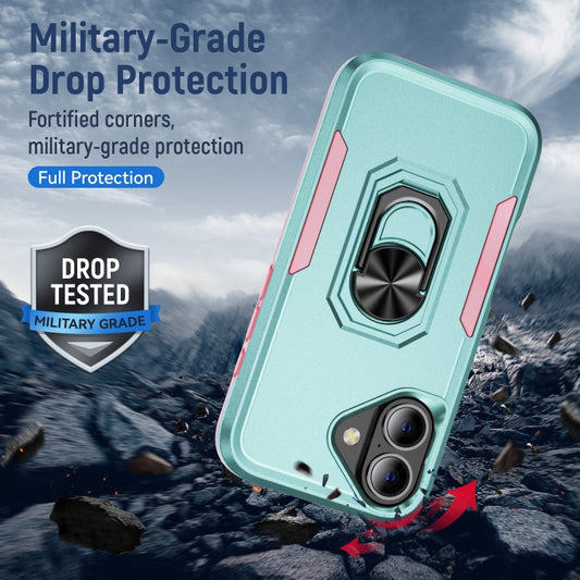 For iPhone 16 Pioneer Armor Heavy Duty PC + TPU Phone Case with Holder(Green+Pink) by buy2fix