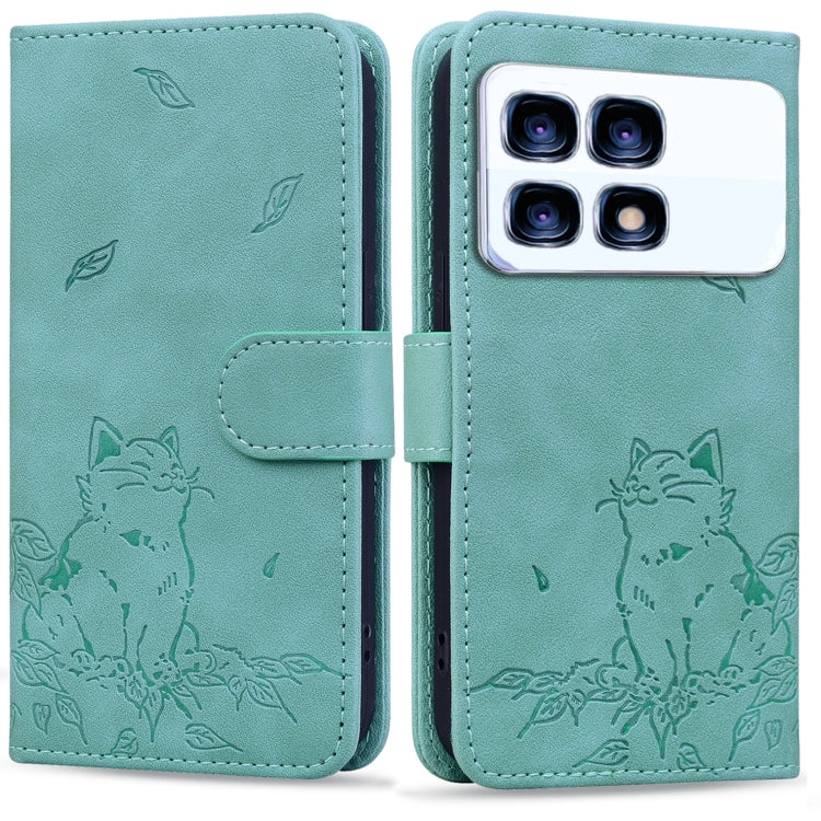 For Redmi K70 Ultra Cute Cat Embossed Leather Phone Case(Green) - Xiaomi Cases by buy2fix | Online Shopping UK | buy2fix