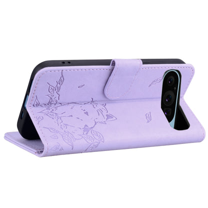 For Google Pixel 9 / 9 Pro Cute Cat Embossed Leather Phone Case(Purple) by buy2fix