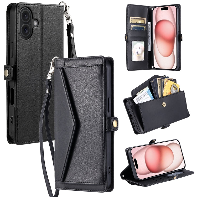 For iPhone 16 Plus Wallet Multi-card Slot Leather Phone Case with Lanyard(Black) - iPhone 16 Plus Cases by buy2fix | Online Shopping UK | buy2fix