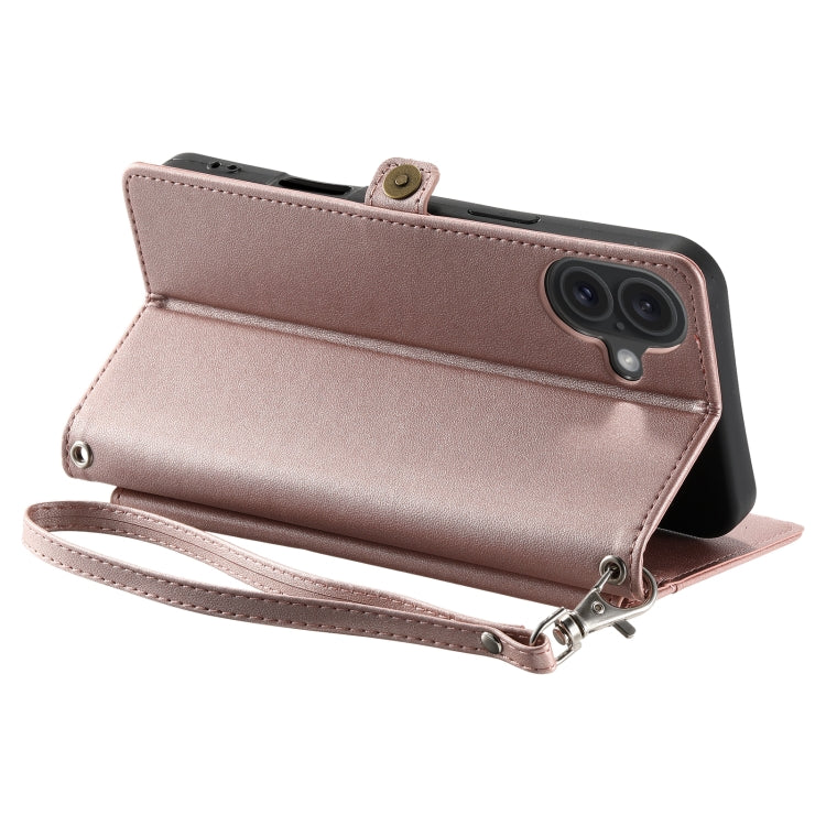 For iPhone 16 Wallet Multi-card Slot Leather Phone Case with Lanyard(Rose Gold) - iPhone 16 Cases by buy2fix | Online Shopping UK | buy2fix