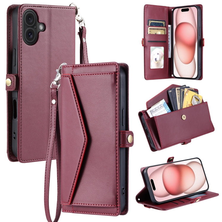 For iPhone 16 Wallet Multi-card Slot Leather Phone Case with Lanyard(Wine Red) - iPhone 16 Cases by buy2fix | Online Shopping UK | buy2fix