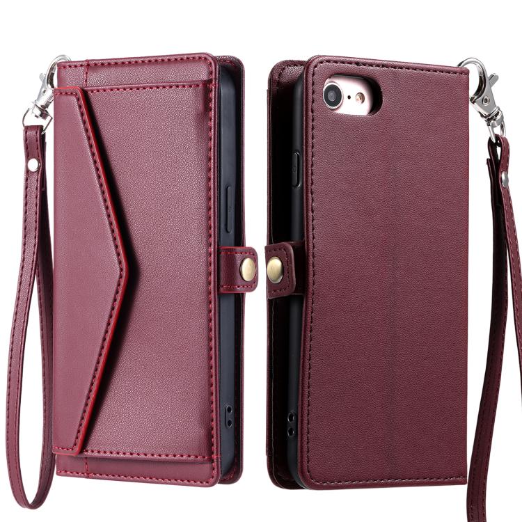 For iPhone 16e Wallet Multi-card Slot Leather Phone Case with Lanyard(Wine Red) - iPhone 16e Cases by buy2fix | Online Shopping UK | buy2fix