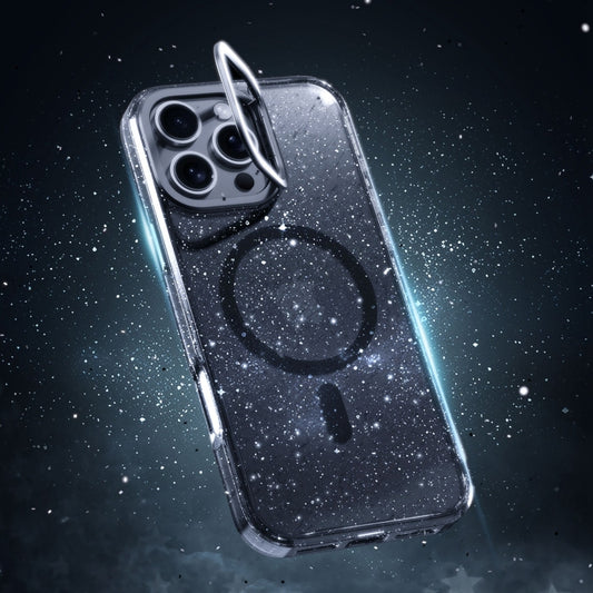 For iPhone 16 Glitter Powder Lens Holder MagSafe Magnetic Phone Case(Transparent Black) by buy2fix