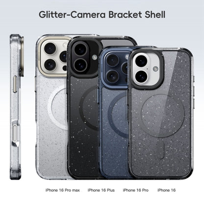 For iPhone 16 Glitter Powder Lens Holder MagSafe Magnetic Phone Case(Transparent Black) - iPhone 16 Cases by buy2fix | Online Shopping UK | buy2fix