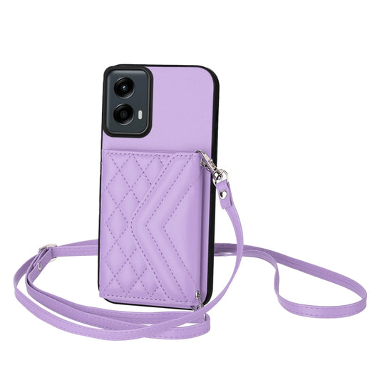For Motorola Moto G 5G 2024 Rhombic Texture Card Bag RFID Phone Case with Long Lanyard(Light Purple) by buy2fix