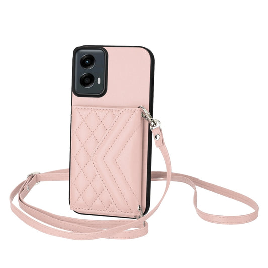 For Motorola Moto G 5G 2024 Rhombic Texture Card Bag RFID Phone Case with Long Lanyard(Rose Gold) - Motorola Cases by buy2fix | Online Shopping UK | buy2fix