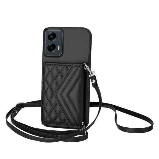 For Motorola Moto G 5G 2024 Rhombic Texture Card Bag RFID Phone Case with Long Lanyard(Black) by buy2fix