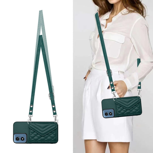 For Motorola Moto G Play 2024 5G Rhombic Texture Card Bag RFID Phone Case with Long Lanyard(Green) by buy2fix