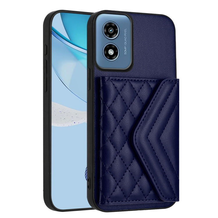 For Motorola Moto G Play 2024 5G Rhombic Texture Card Bag RFID Phone Case with Long Lanyard(Blue) by buy2fix