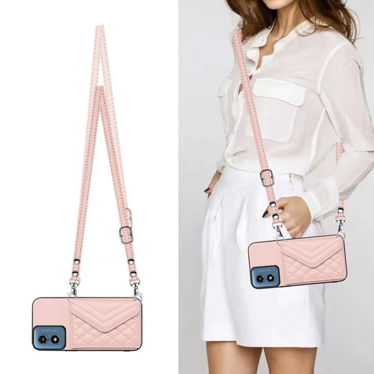 For Motorola Moto G Play 2024 5G Rhombic Texture Card Bag RFID Phone Case with Long Lanyard(Rose Gold) by buy2fix